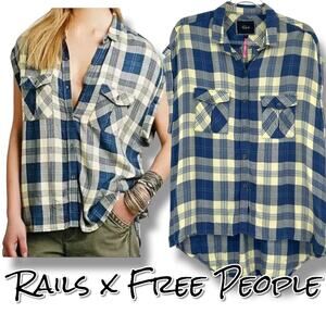 Rails x Free People Plaid Shirt Blue Yellow Rayon Womens Size M Boho Coastal